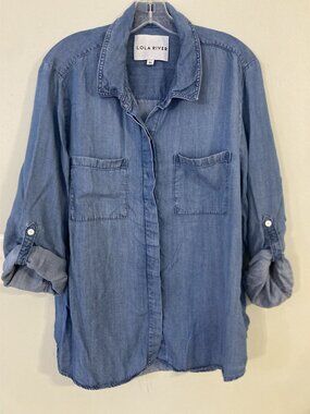 Lola River Womens Denim Blue Button-Up Shirt XL 100% Tencel Lyocell Long Sleeve